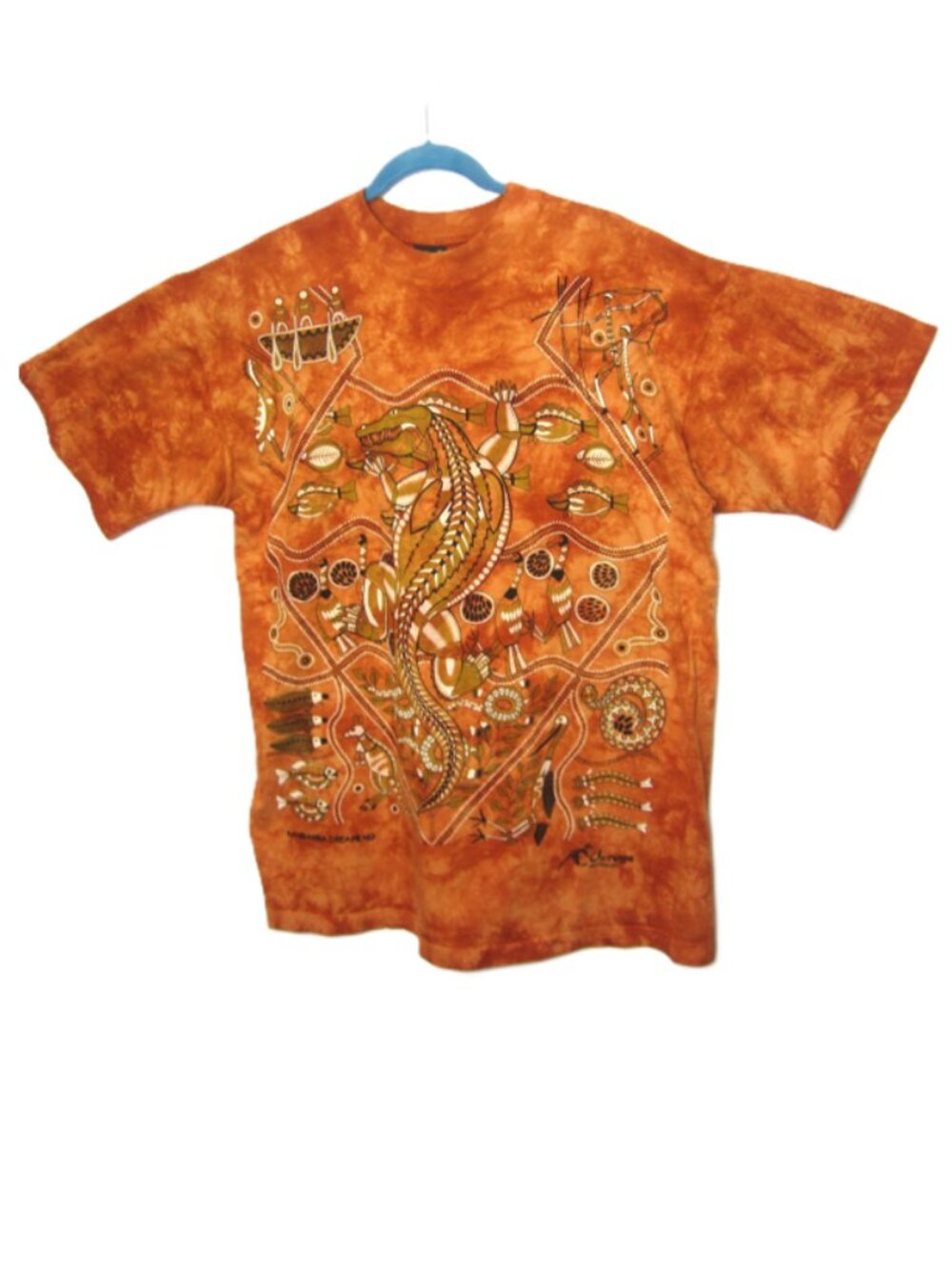 VTG 90s Churinga Australia Tie Dye Dreaming Animals Native L Indigenous Orange